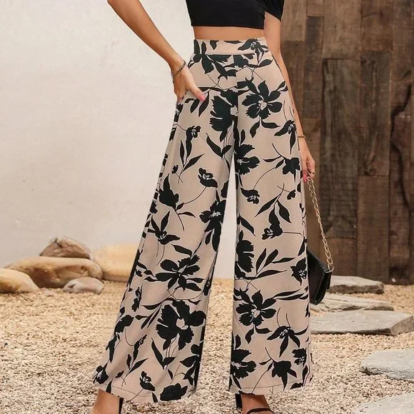 Khaki Casual Women's Puff Sleeve Top Flower Printed Wide Leg Pants Two Piece Set - Picture 5 of 5